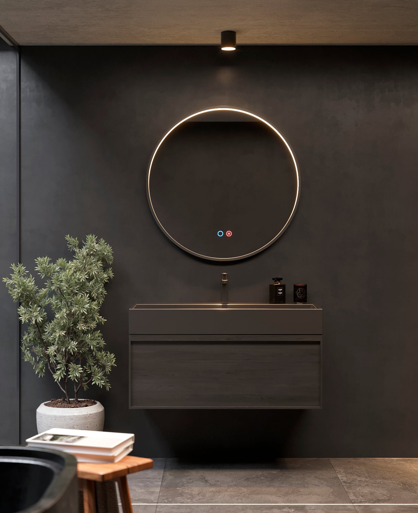 Round bathroom mirror with perimeter light inside the Nepal frame by Ledimex