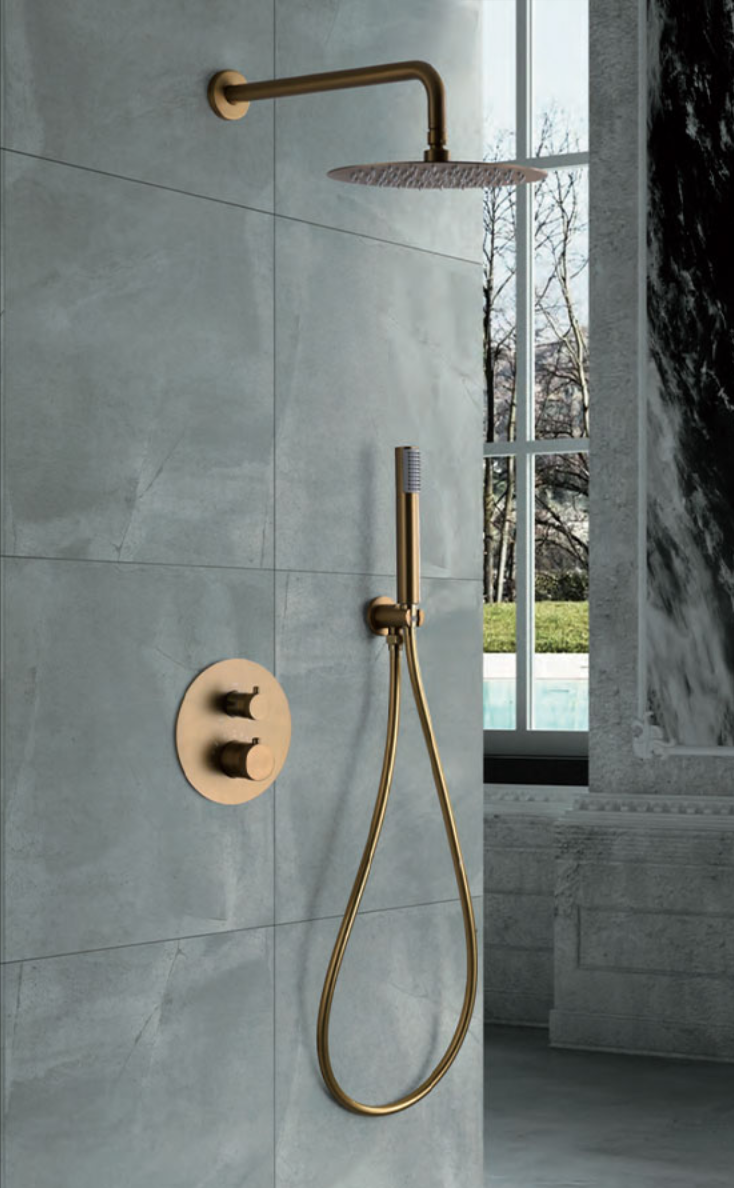 imagen conjunto ducha termostatico empotrado Line oro cepillado