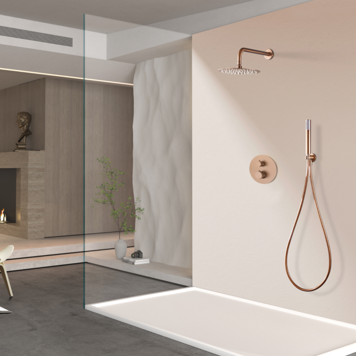 conjunto ducha termostatico empotrado Line oro rosa cepillado