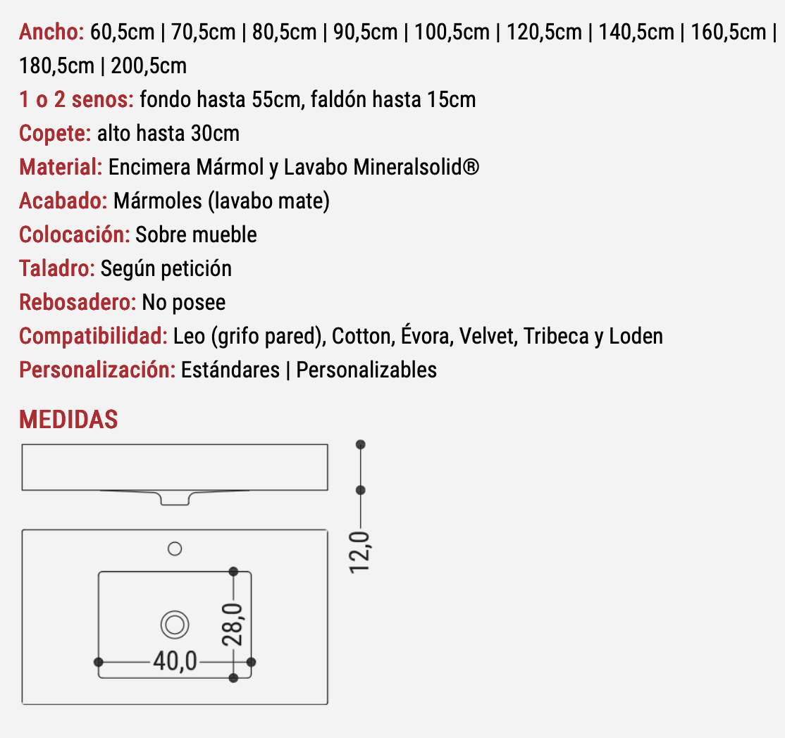 medidas encimera marmol faldon lavabo encastrado Star