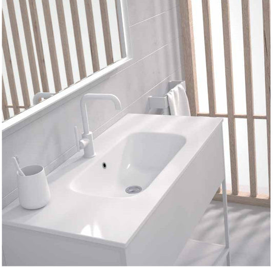 Encimera porcelánica con faldón y lavabo integrado Patís de Maderó Atelier  para mueble portalavabo Loden, Tribeca y Velvet