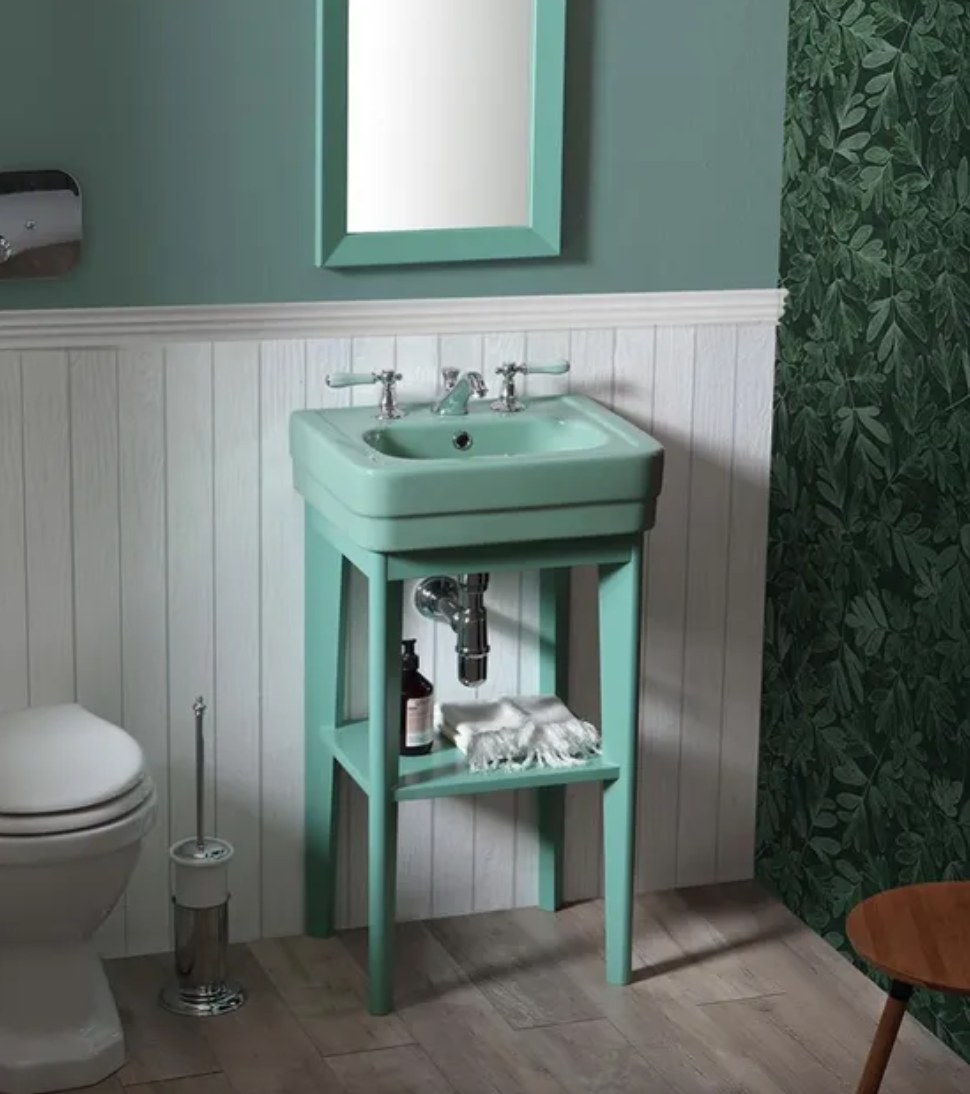 Classic style ceramic sink with open wooden cabinet