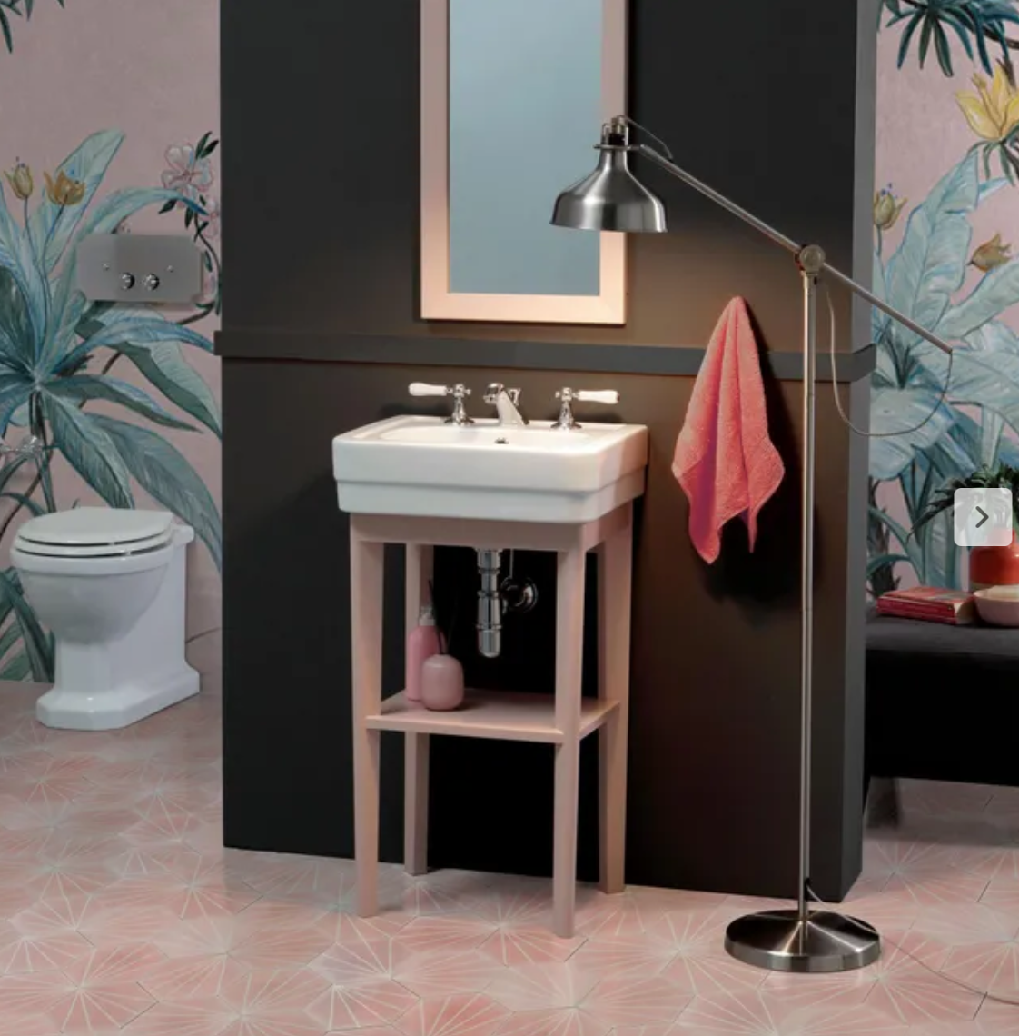Ceramic washbasin with open wooden cabinet in Classic style