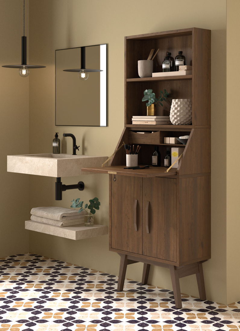 Velvet bathroom auxiliary cabinet with secretary and 2 shelves by Maderó Atelier