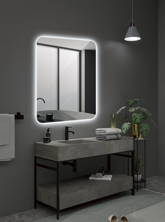 Square bathroom mirror rounded edges backlit Denmark