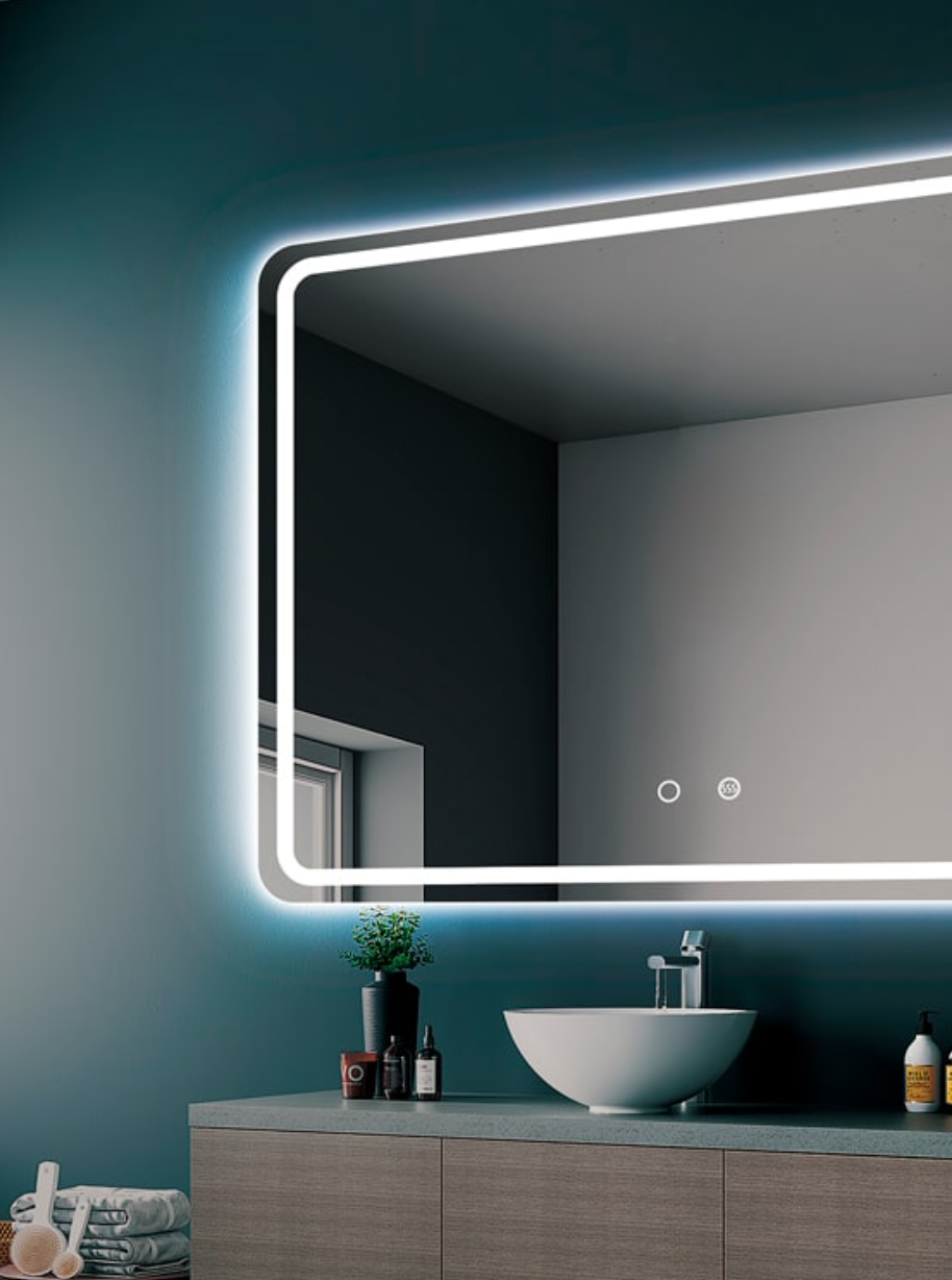 Miroir salle de bain carré bords arrondis éclairage frontal Austria