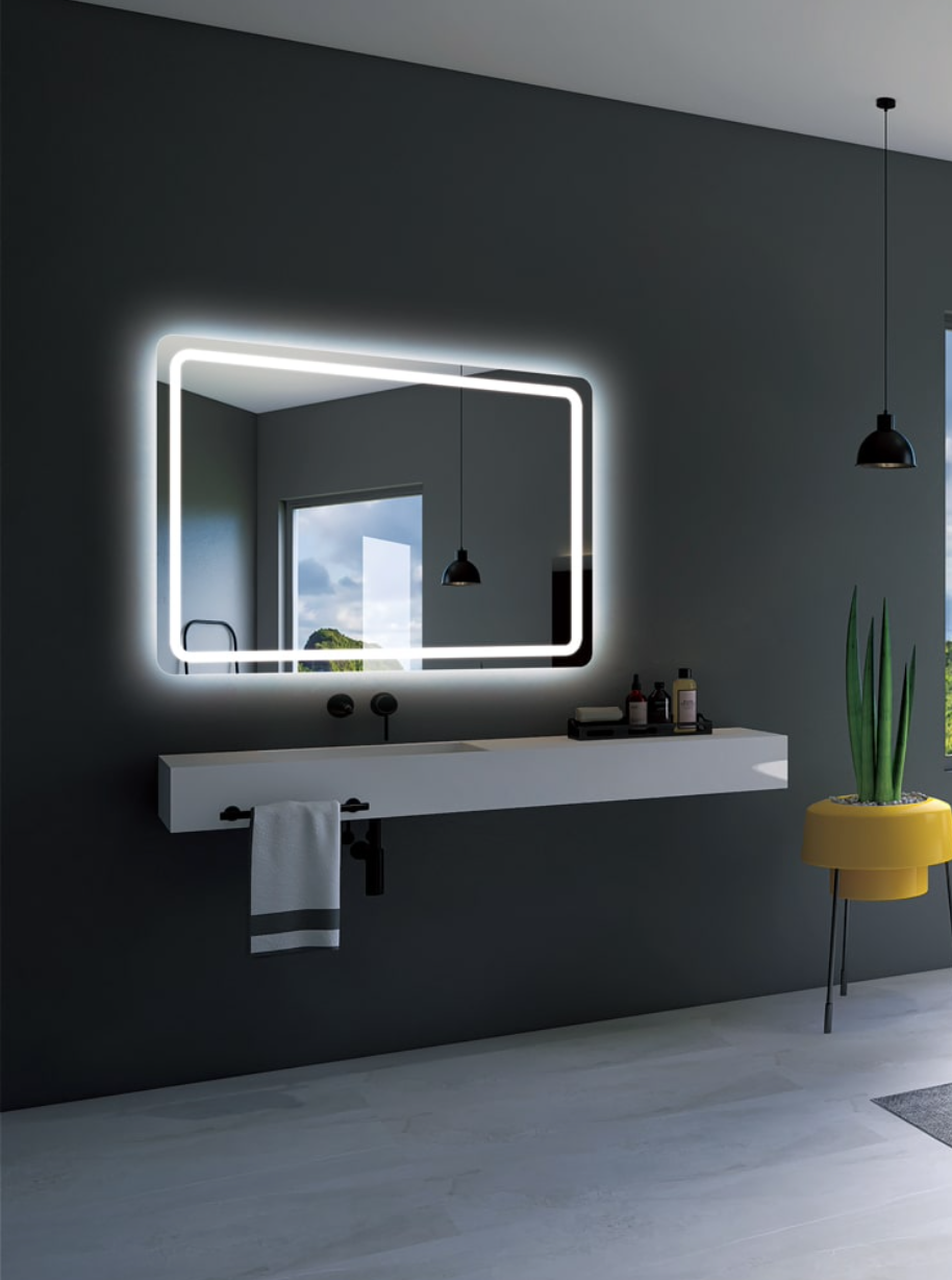 Miroir salle de bain carré bords arrondis éclairage frontal Grèce