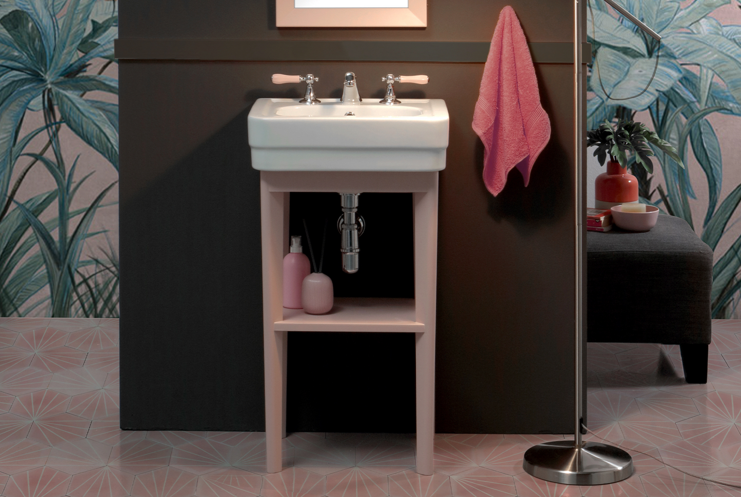 Ceramic washbasin with open wooden cabinet in Classic style