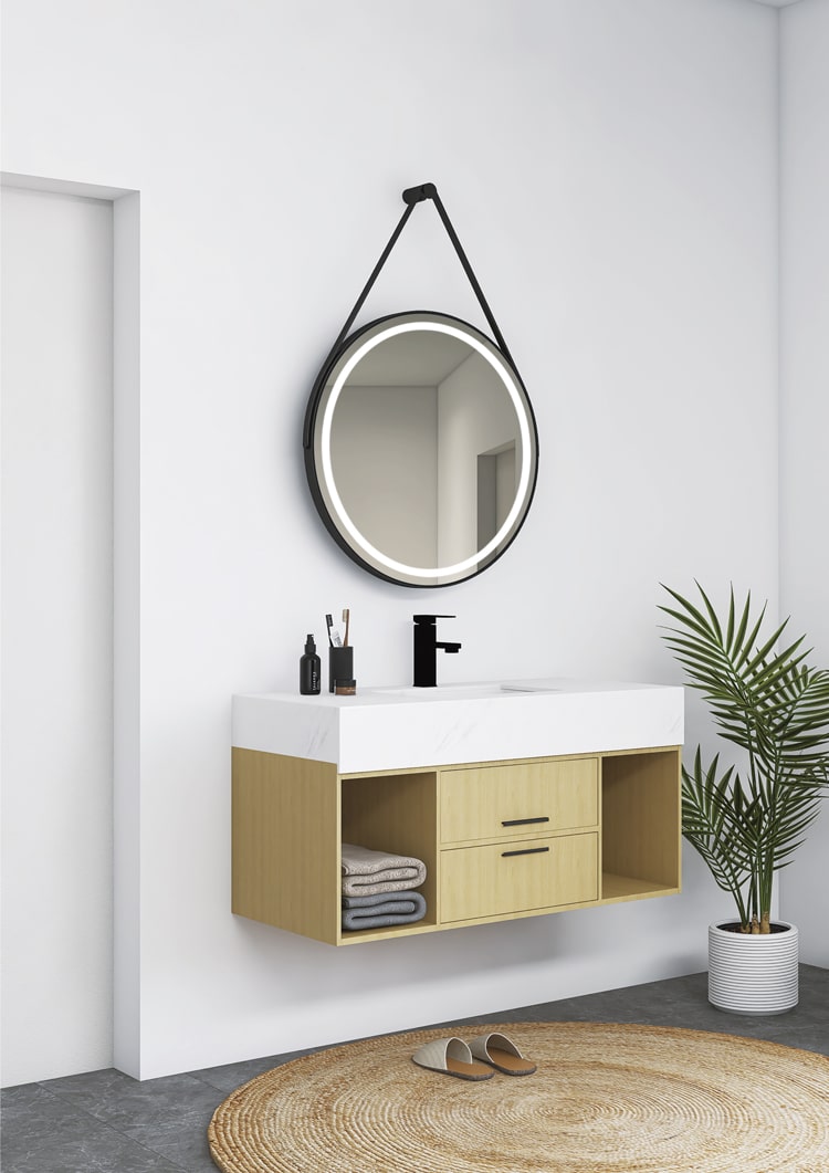 Round bathroom mirror with front light with black frame and strap Kenya