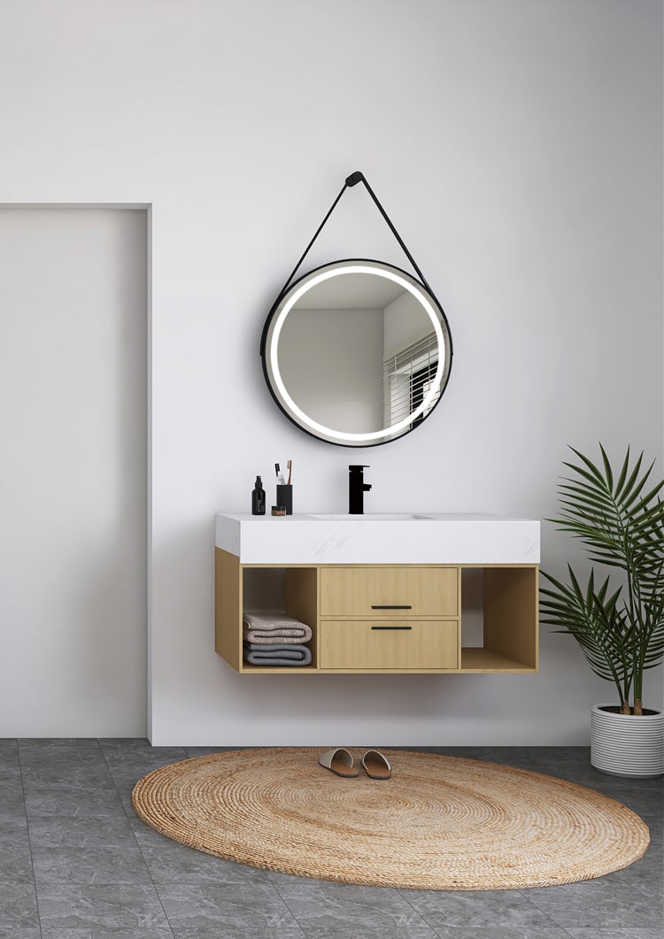Round bathroom mirror with front light with black frame and strap Kenya